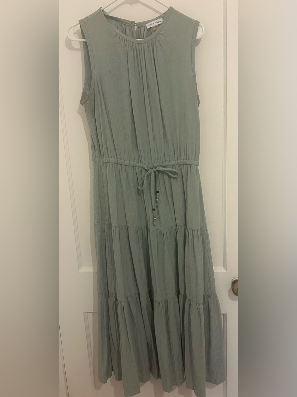 Calvin Klein Sage Green Tiered Maxi Dress with Waist Tie